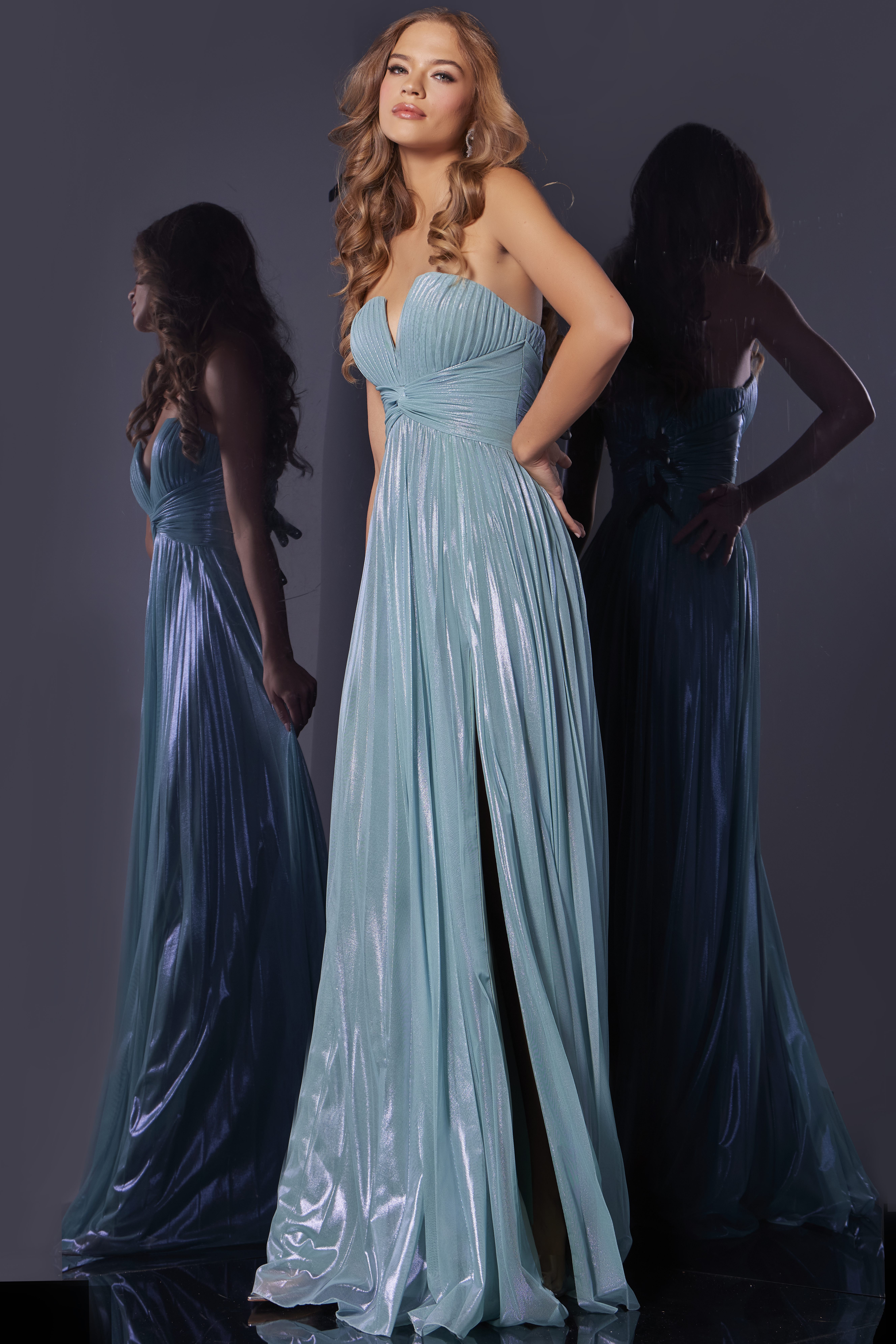 Shiny turquoise floor length dress 39023