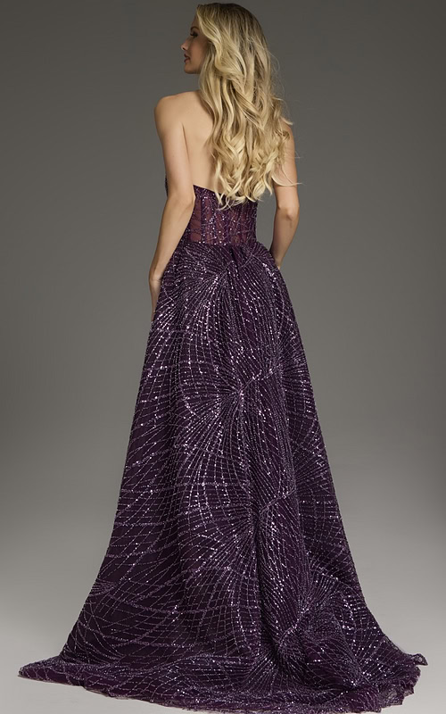 Model showing the back of Jovani 39029 purple gown with sequins, back view.