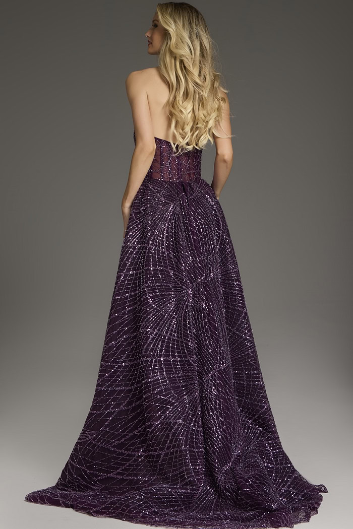 Model showing the back of Jovani 39029 purple gown with sequins, back view.