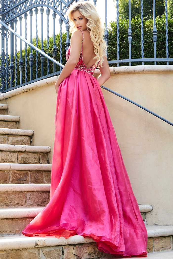 Back view of Jovani 39042 red gown with elegant train and low back.