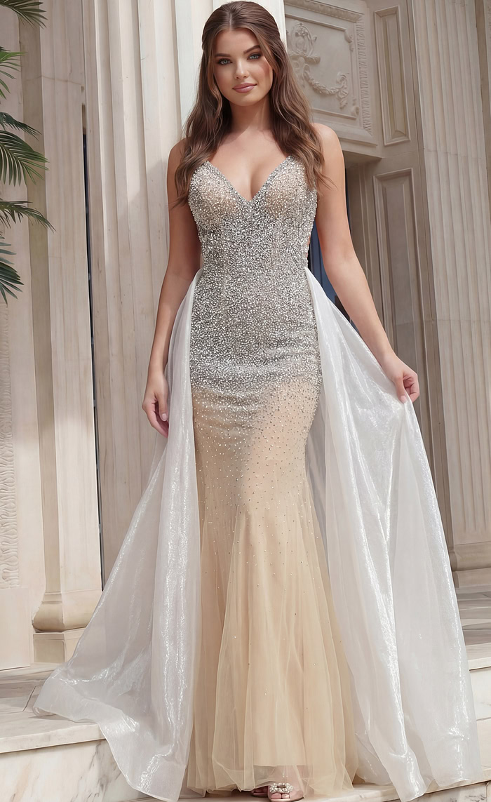 Beaded fitted evening gown with flowing sheer cape