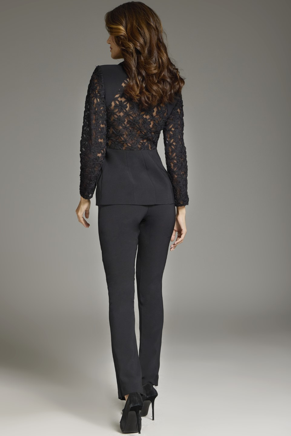 Back view of Jovani 39074 ensemble, featuring lace detail.