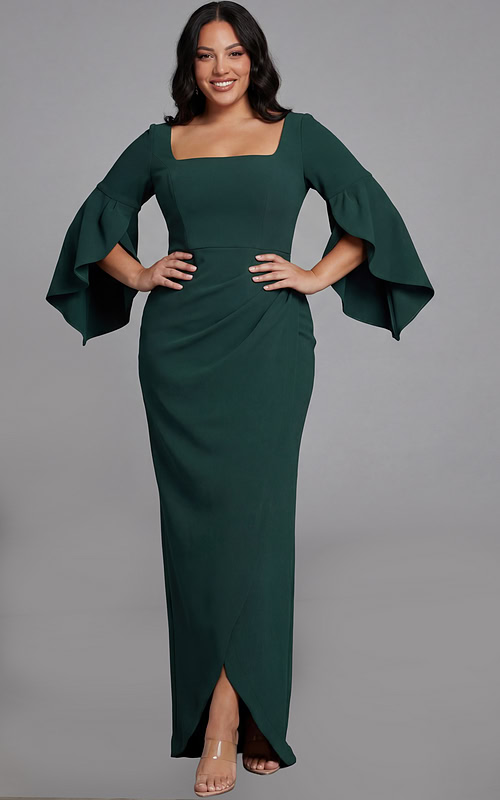Plus size evening gown with square neckline and flounce sleeves
