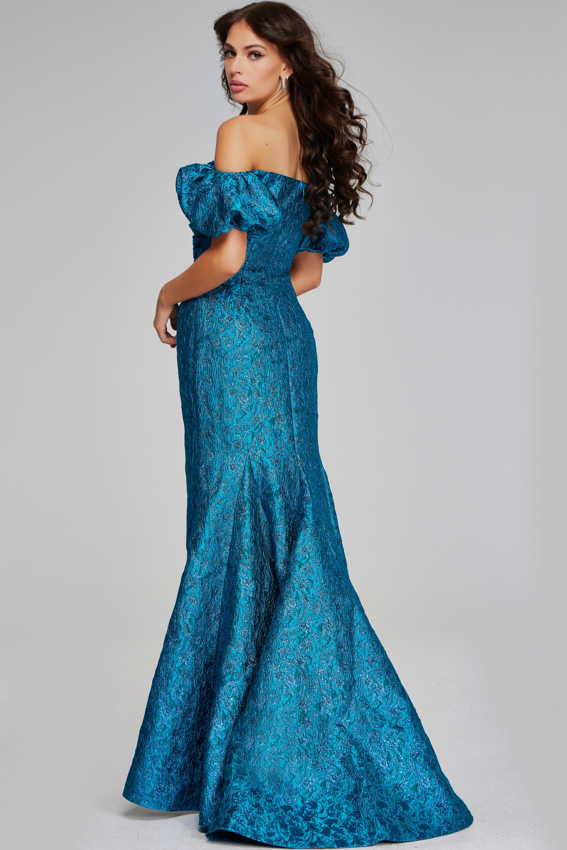Back view of model wearing Jovani 39113, showcasing the dress