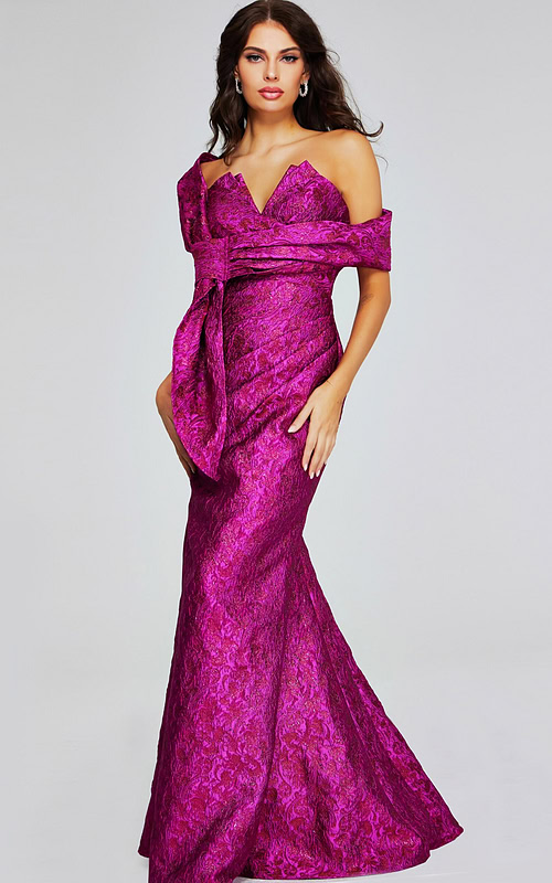 Model wearing Jovani 39114 fuchsia mermaid gown, front view.