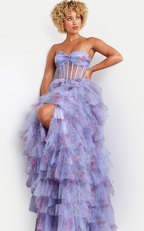 model wearing Jovani 39149 lilac dress with front view showcasing sweetheart neckline and tulle skirt