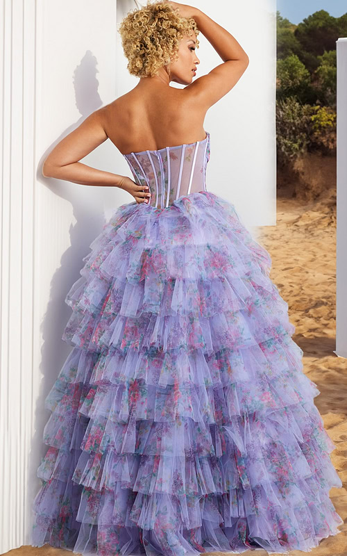 model wearing Jovani 39149 lilac dress with back view highlighting corset detail and tulle layers