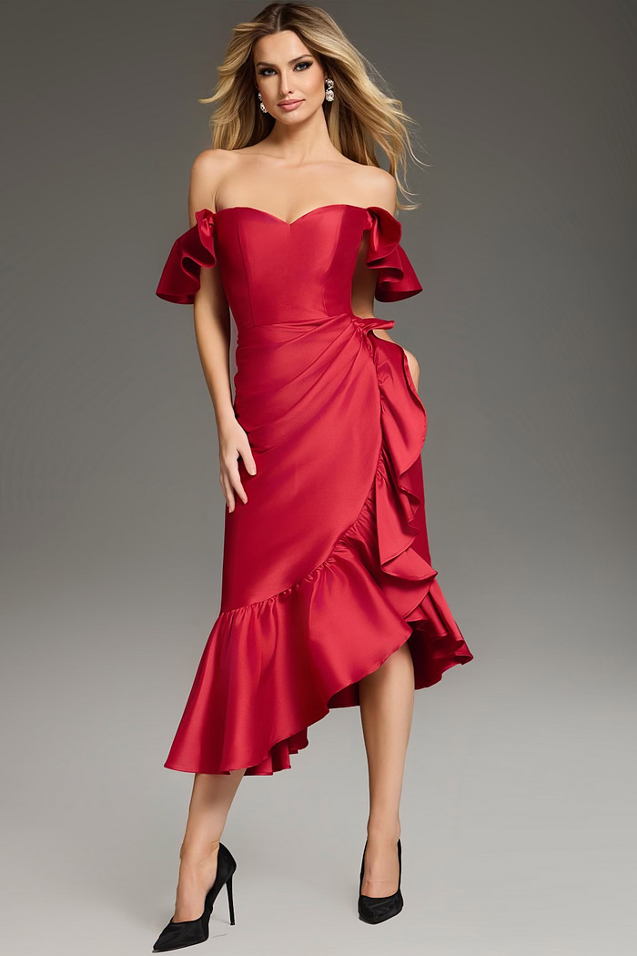 Model wearing Jovani 39264 elegant red dress with ruffled off-the-shoulder sleeves and high-low hem
