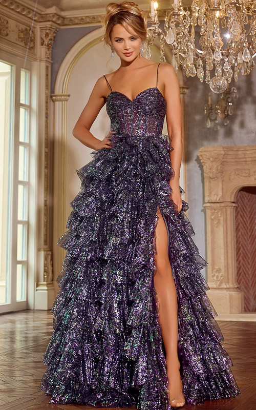 Model wearing Jovani 39305 front view with sweetheart neckline and ruffled skirt.