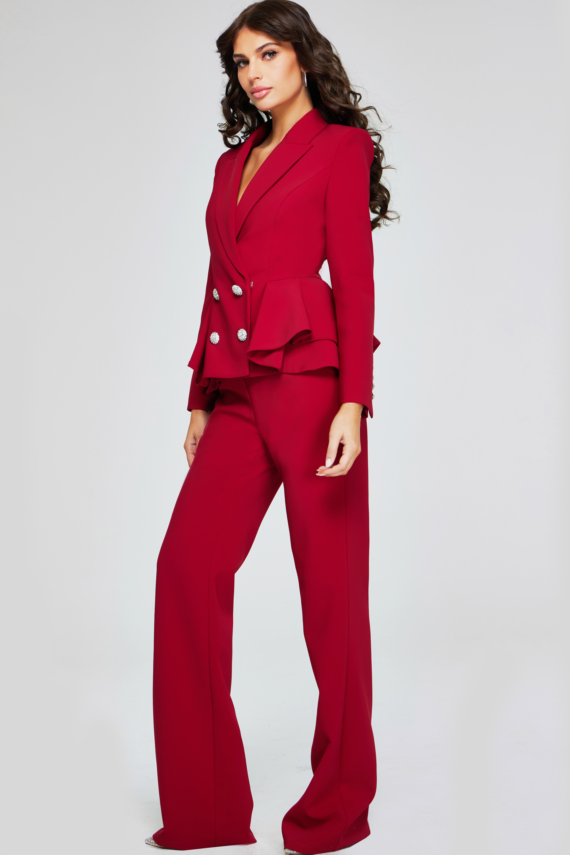 model wearing 39374 red two-piece suit, front view highlighting wide-leg pants and blazer details