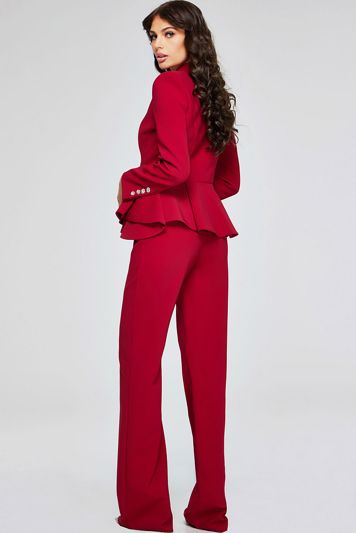 model wearing 39374 red two-piece suit, back view showcasing peplum detail