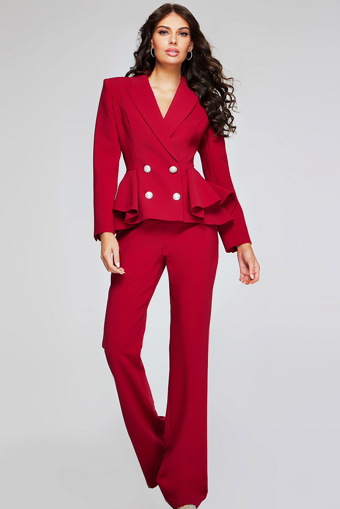 model wearing 39374 red two-piece suit with peplum blazer and wide-leg pants, front view