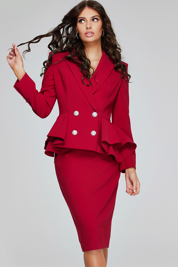 Model wearing Jovani 39375 red dress with a peplum silhouette and double-breasted design.