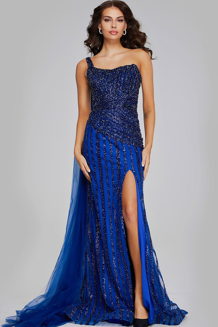 model wearing Jovani 39386 navy gown with beaded design and one-shoulder neckline