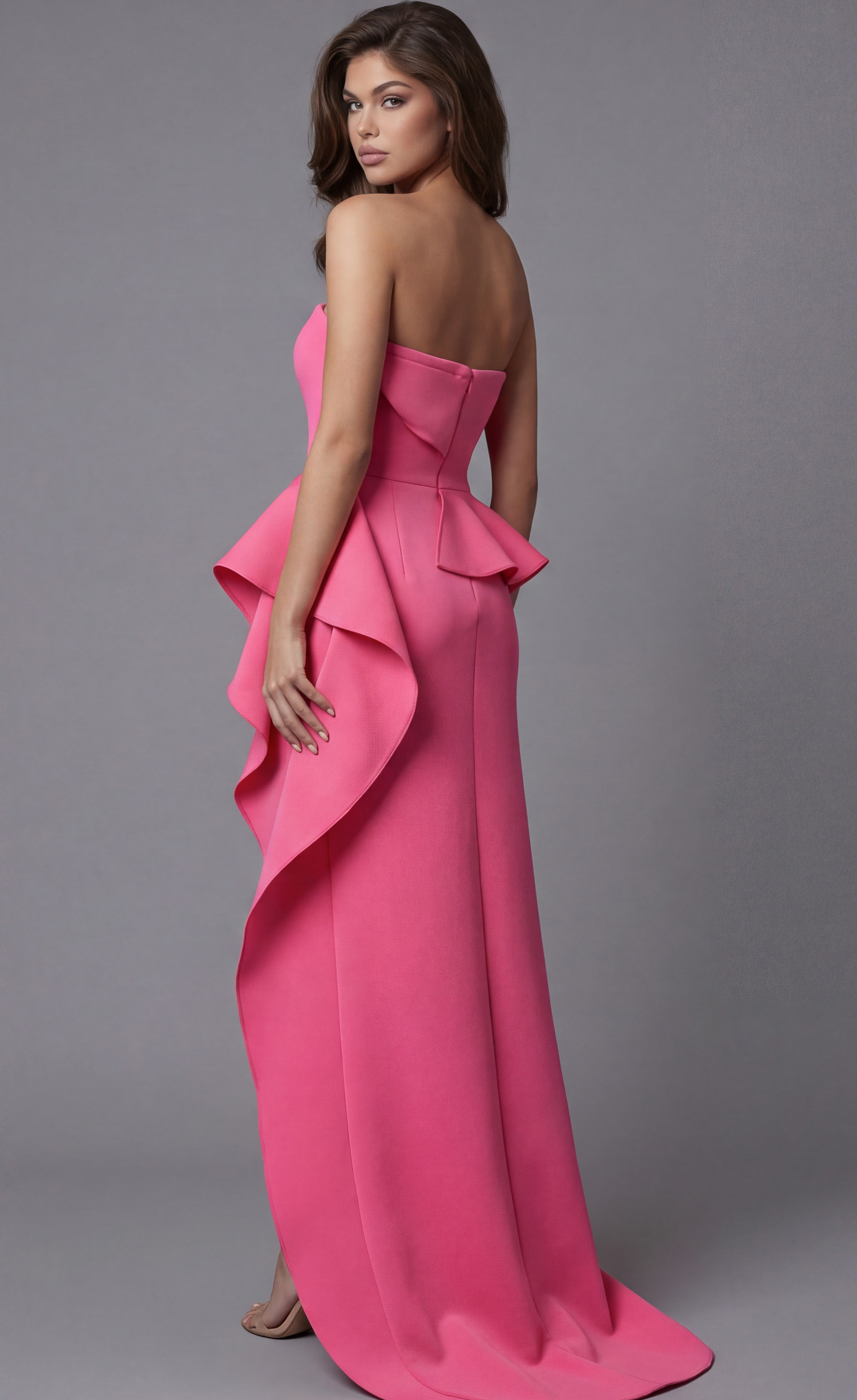 Strapless Peplum Gown With Sculpted Ruffle Detail