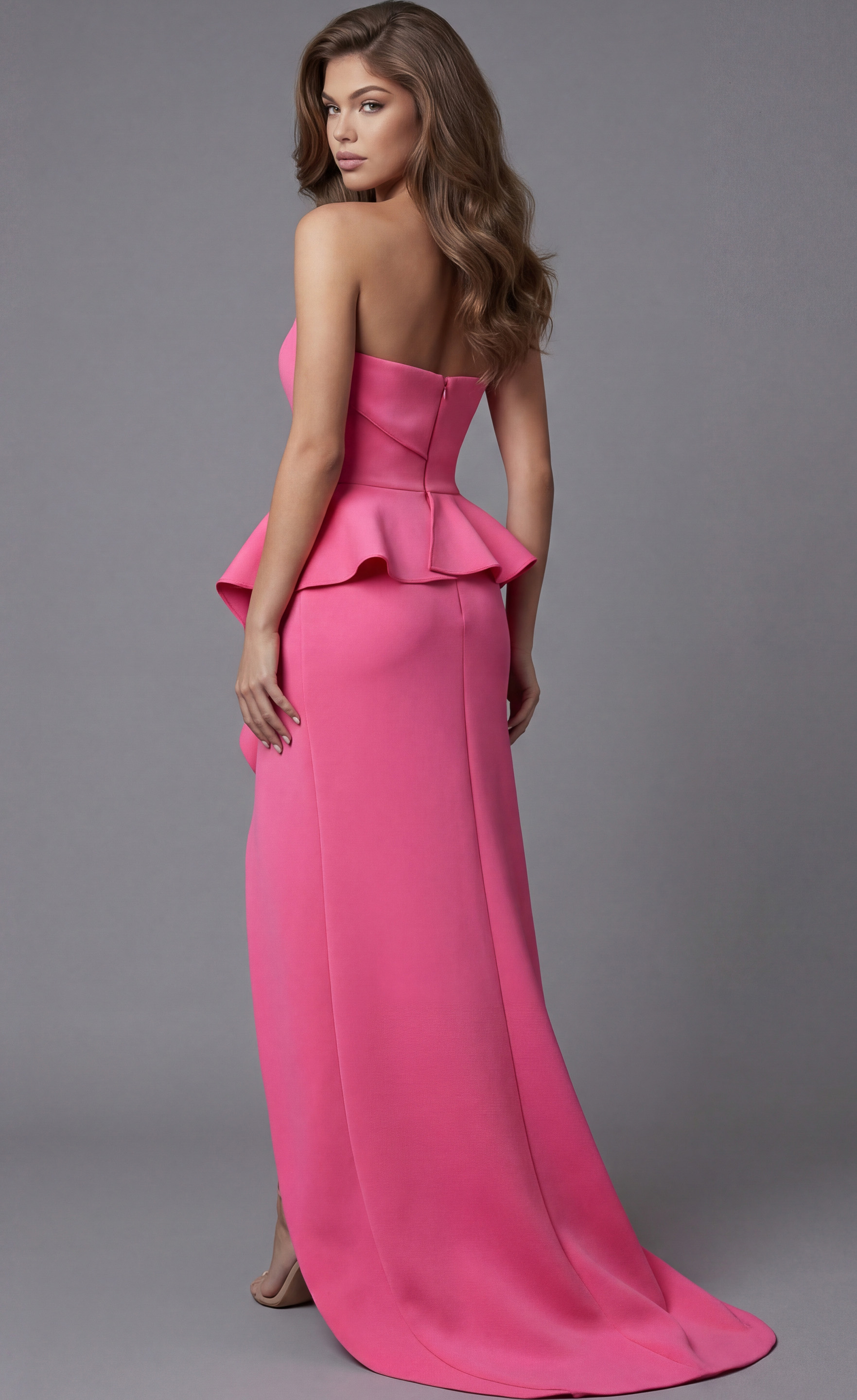Back View Strapless Peplum Gown With Tailored Seam Finish