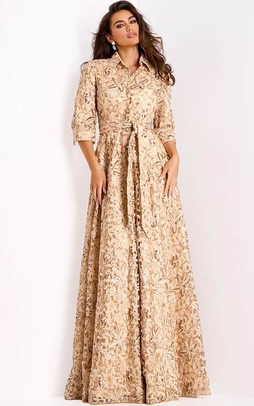 Champagne embroidered evening gown with collar and belt