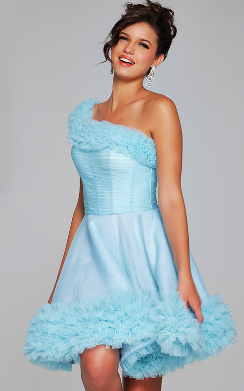 Model wearing Jovani 39665 in blue, one-shoulder cocktail dress with ruffle detailing.
