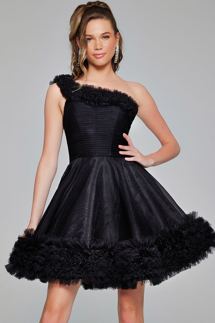 Model wearing Jovani 39665 in black, featuring a one-shoulder neckline and A-line silhouette.