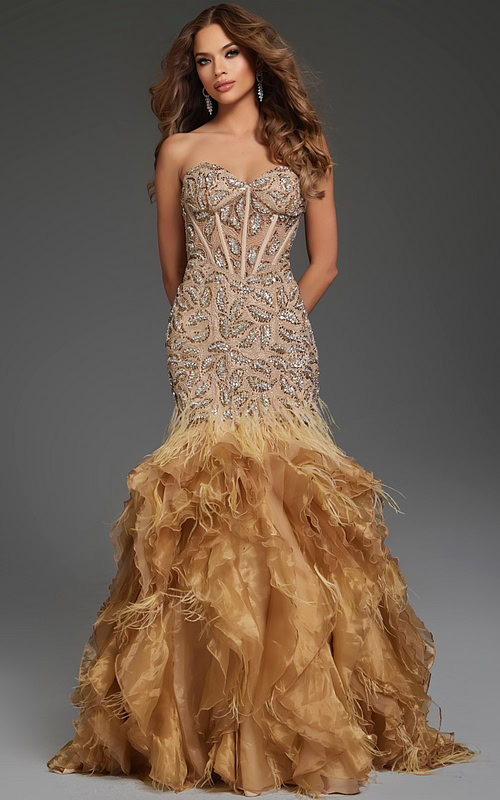 Model wearing Jovani 39712 burgundy mermaid dress with beadwork and sweetheart neckline.