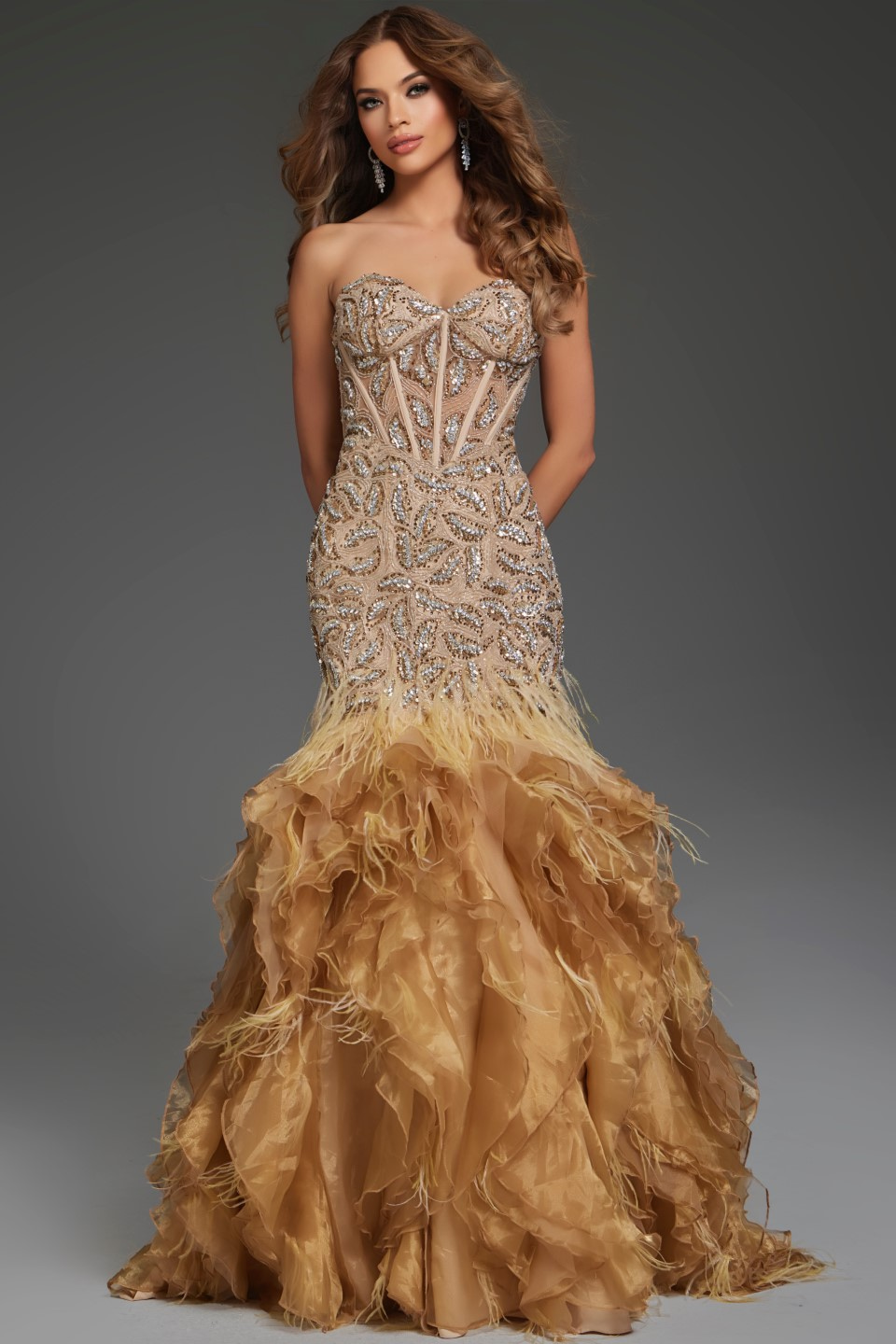 Model wearing Jovani 39712 burgundy mermaid dress with beadwork and sweetheart neckline.