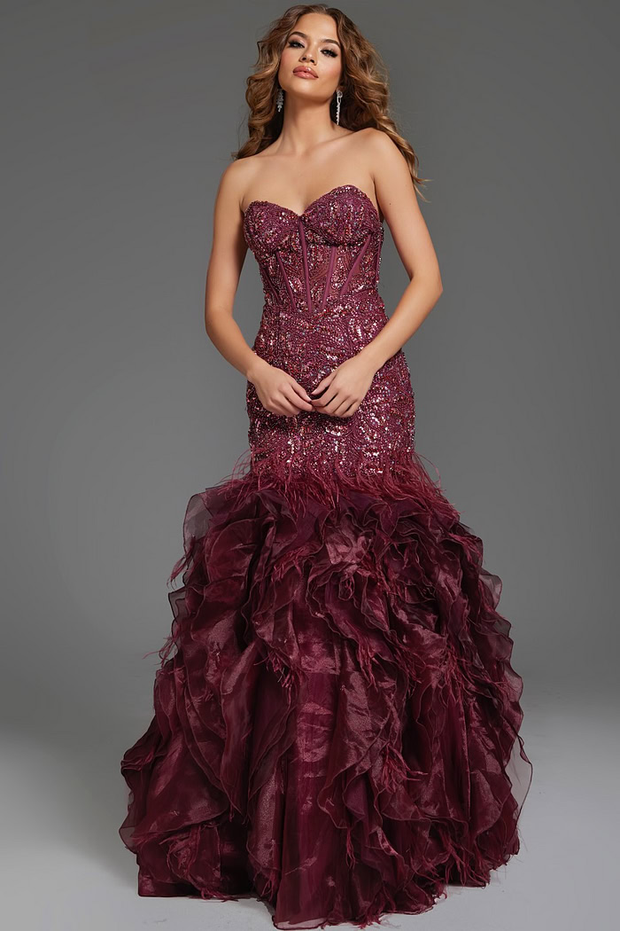 Front view of model in Jovani 39712 burgundy dress with a sweetheart neckline.