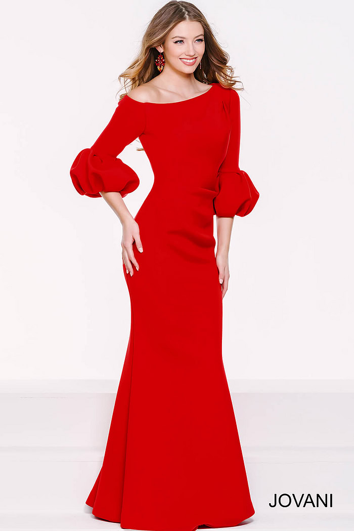 Full-length front view of model in Jovani 39739 burgundy gown.