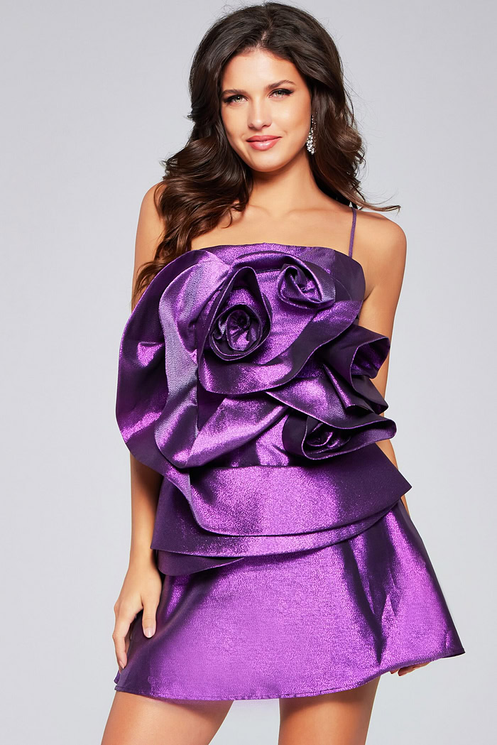 Model wearing Jovani 39749 purple mini dress with floral detail front view