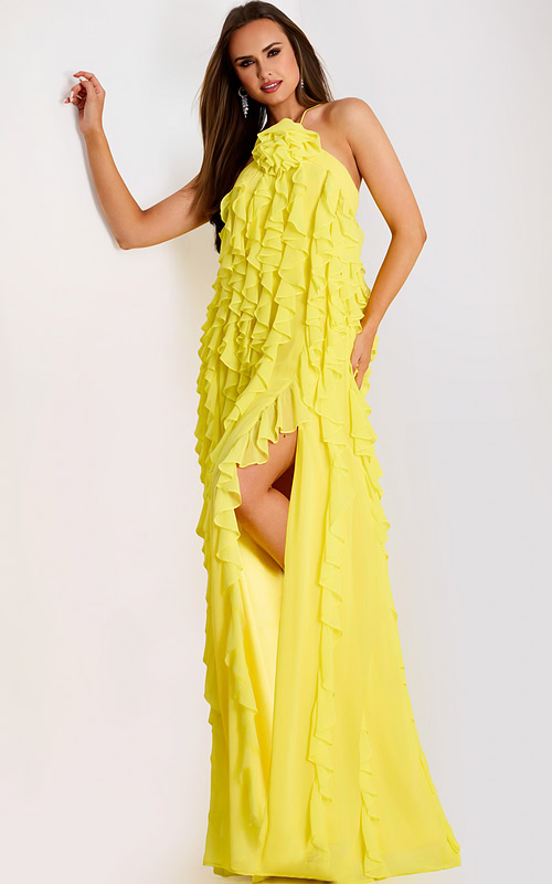 Yellow halter gown with cascading chiffon ruffles