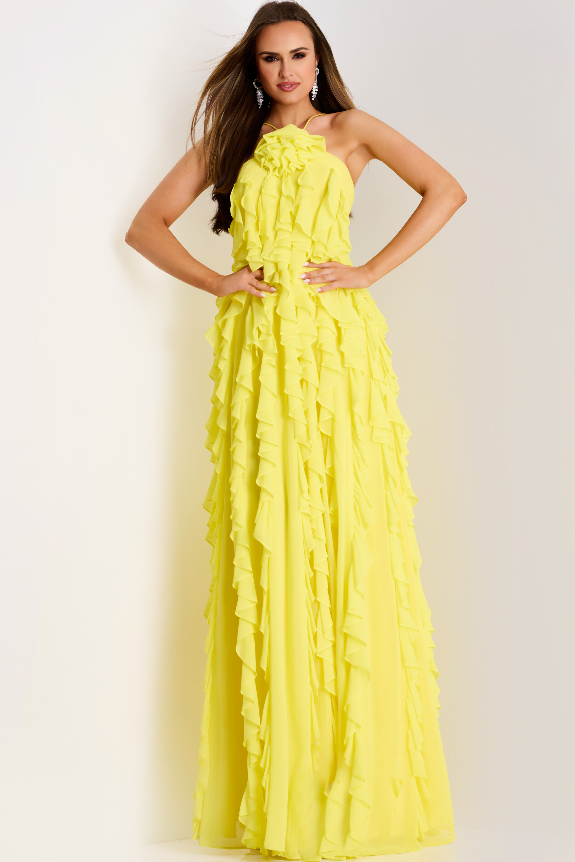 Ruffled yellow dress with high slit and soft flow