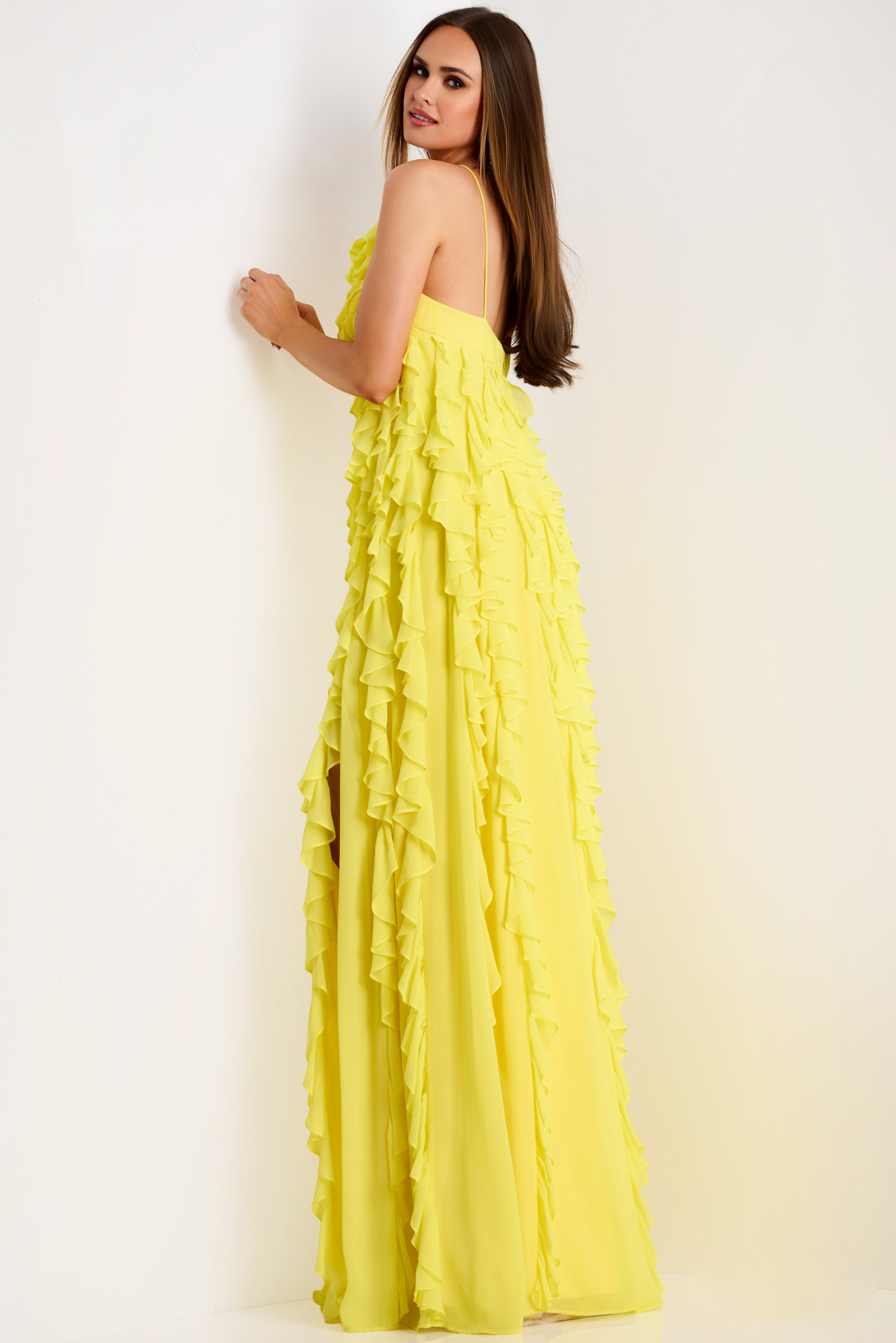 back of yellow ruffled dres