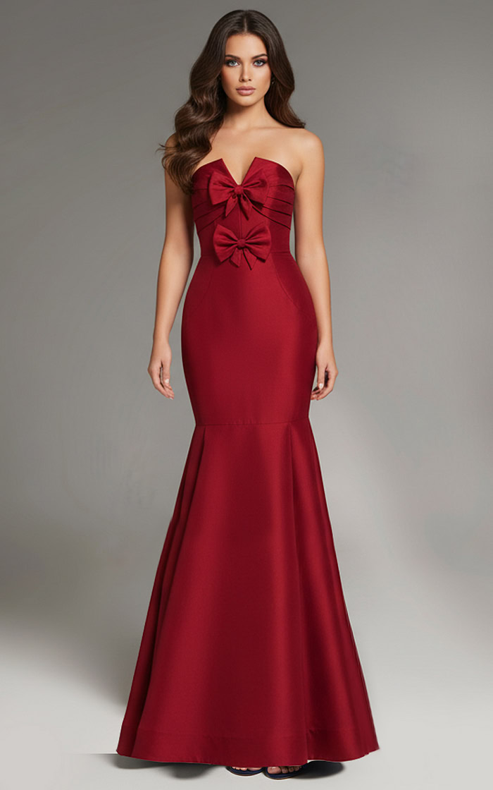 burgundy trumpet strapless dress with bow details 39872