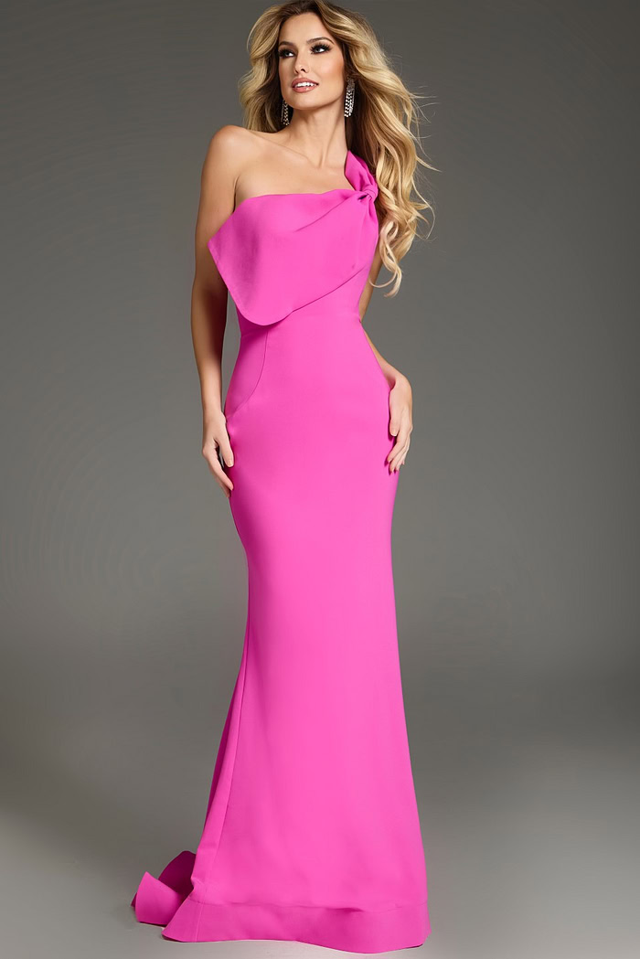 Full view of Jovani 39971 pink gown highlighting effortless elegance.