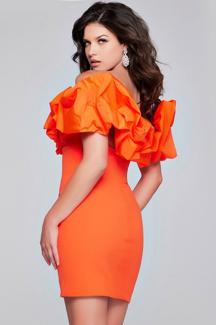 Back view of Jovani 39985 orange dress with dramatic ruffles.