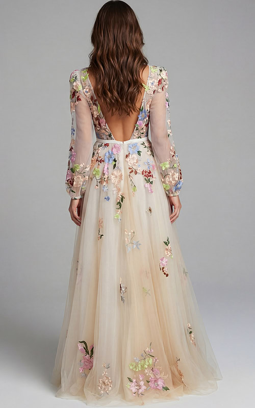 Open back floral embroidered long sleeve evening gown with flowing skirt