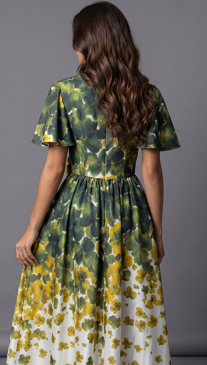 Back view of a long floral evening dress with flutter sleeves and a softly gathered waist