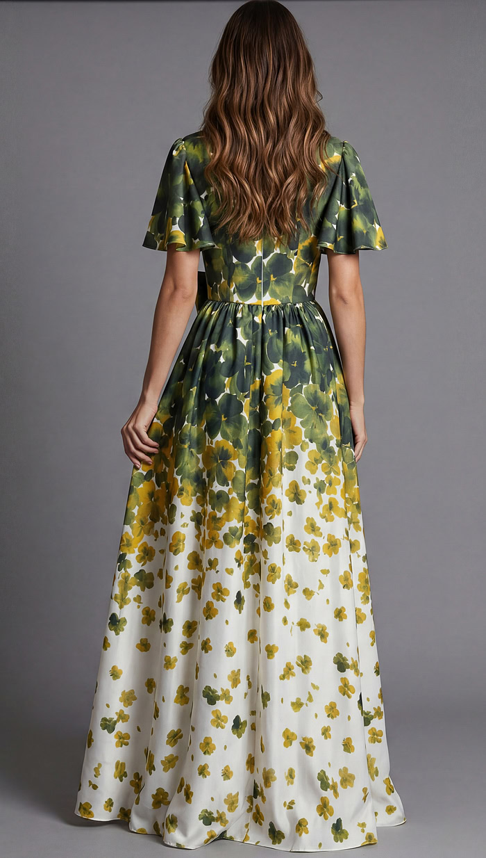 Rear view of a floor length gown with green and yellow floral print and flowing skirt