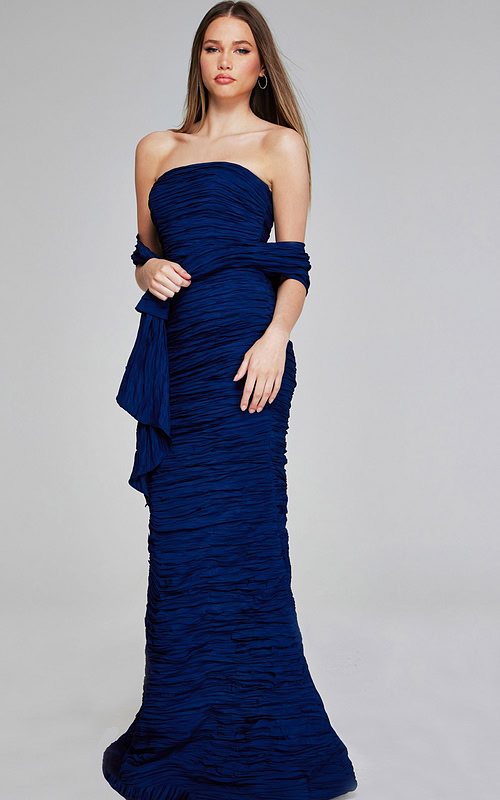 Model wearing Jovani 40045 navy mermaid gown, front view.