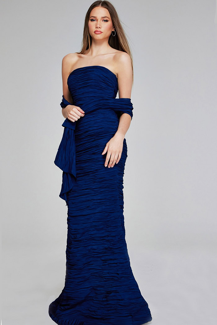 Model wearing Jovani 40045 navy mermaid gown, front view.