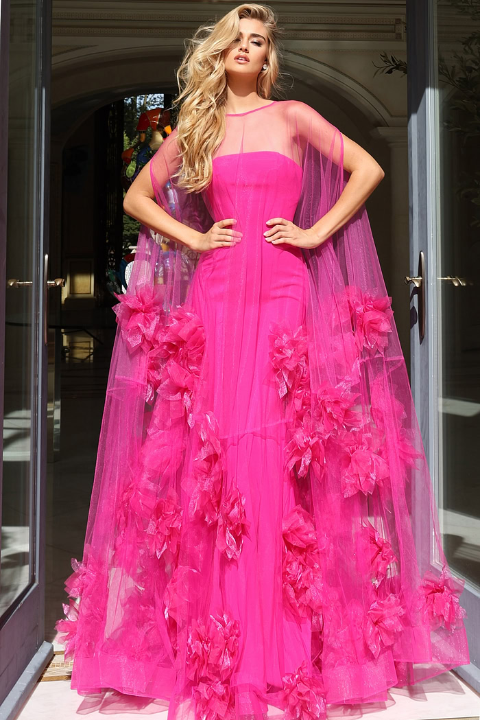 Vibrant pink evening gown adorned with cascading floral tulle details