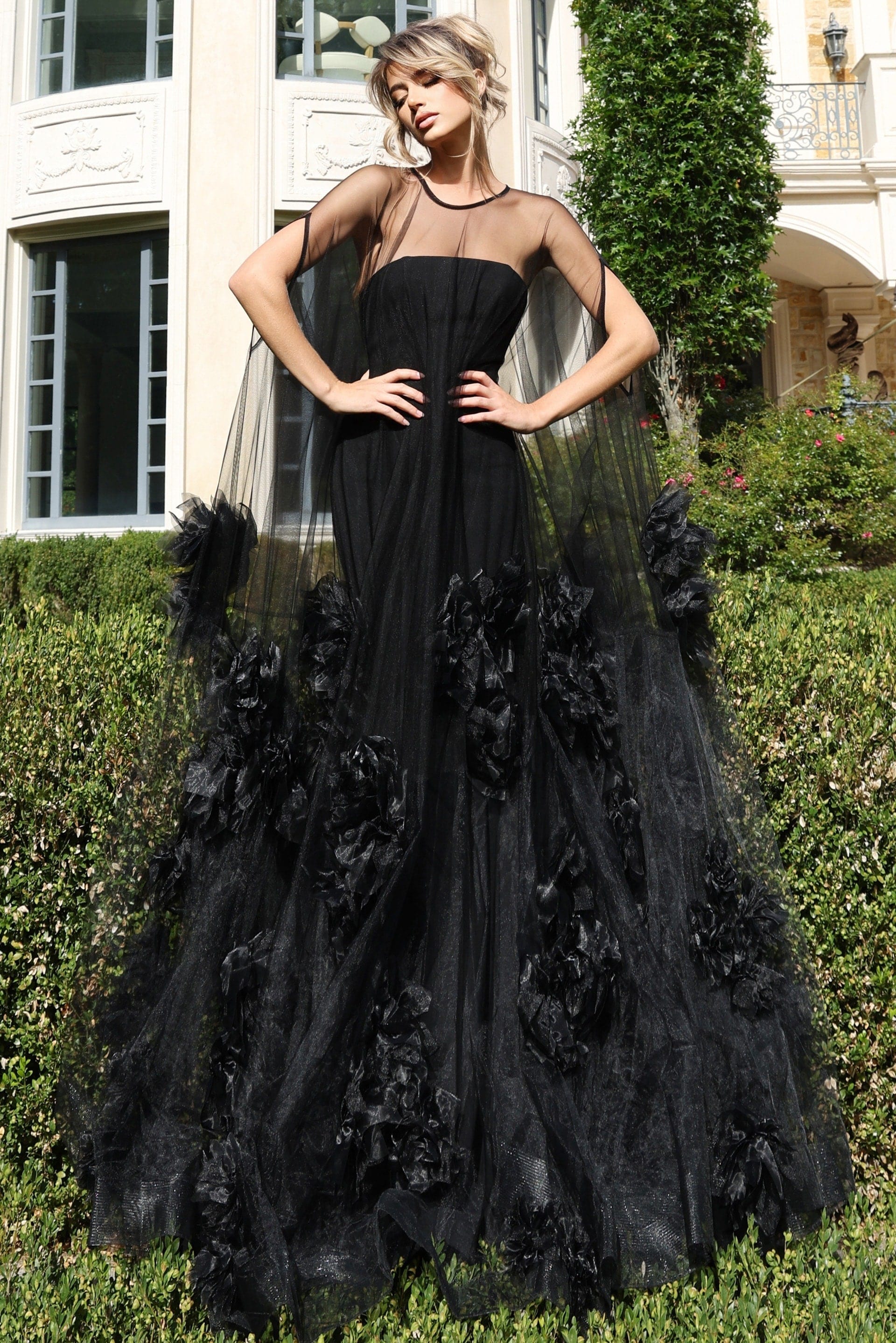 Sheer tulle gown with strapless bodice and floral appliqués
