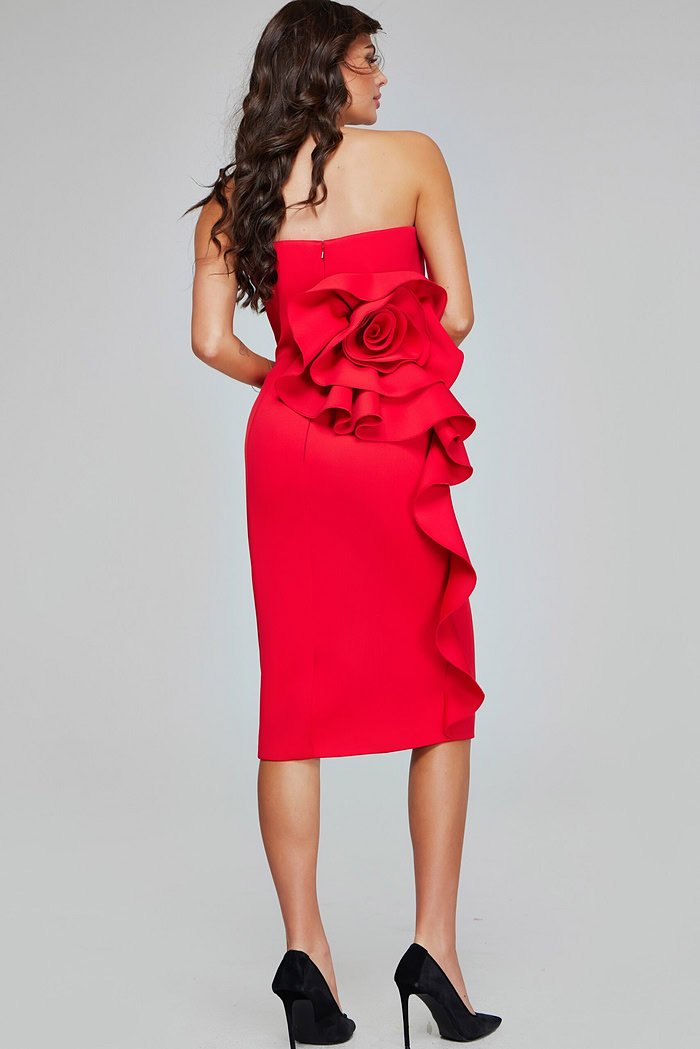 back view of Jovani 40097 red dress with rosette embellishment