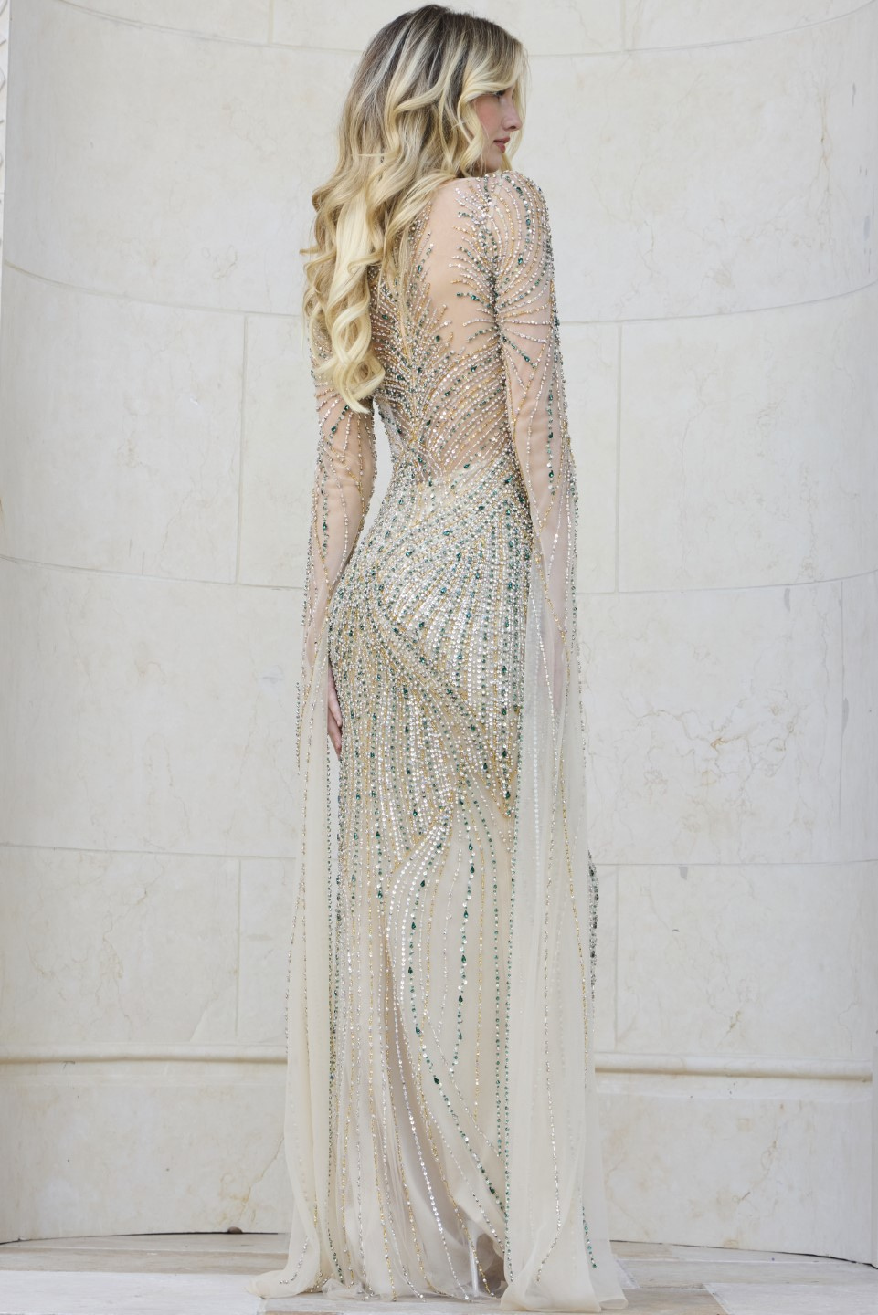 Back view of Jovani 40110 gown with detailed embellishments.