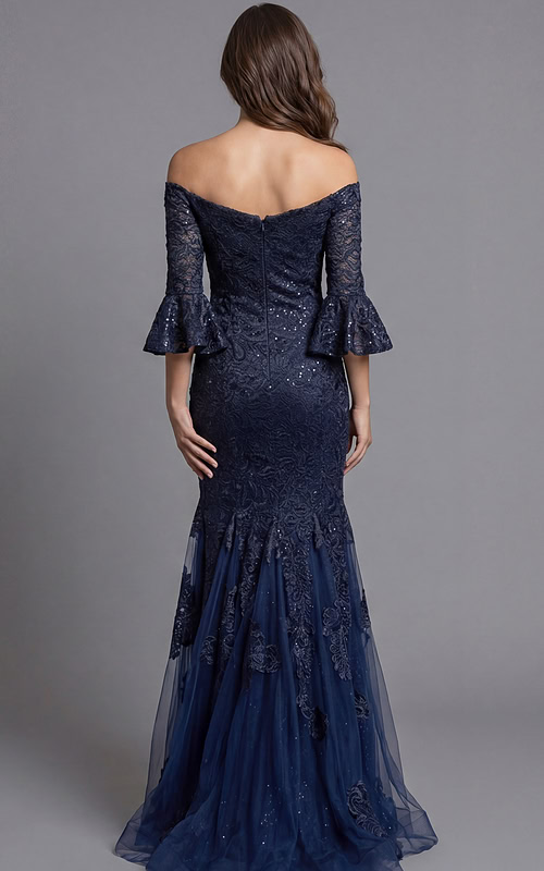 Back View Off Shoulder Lace Gown With Sheer Tulle Train