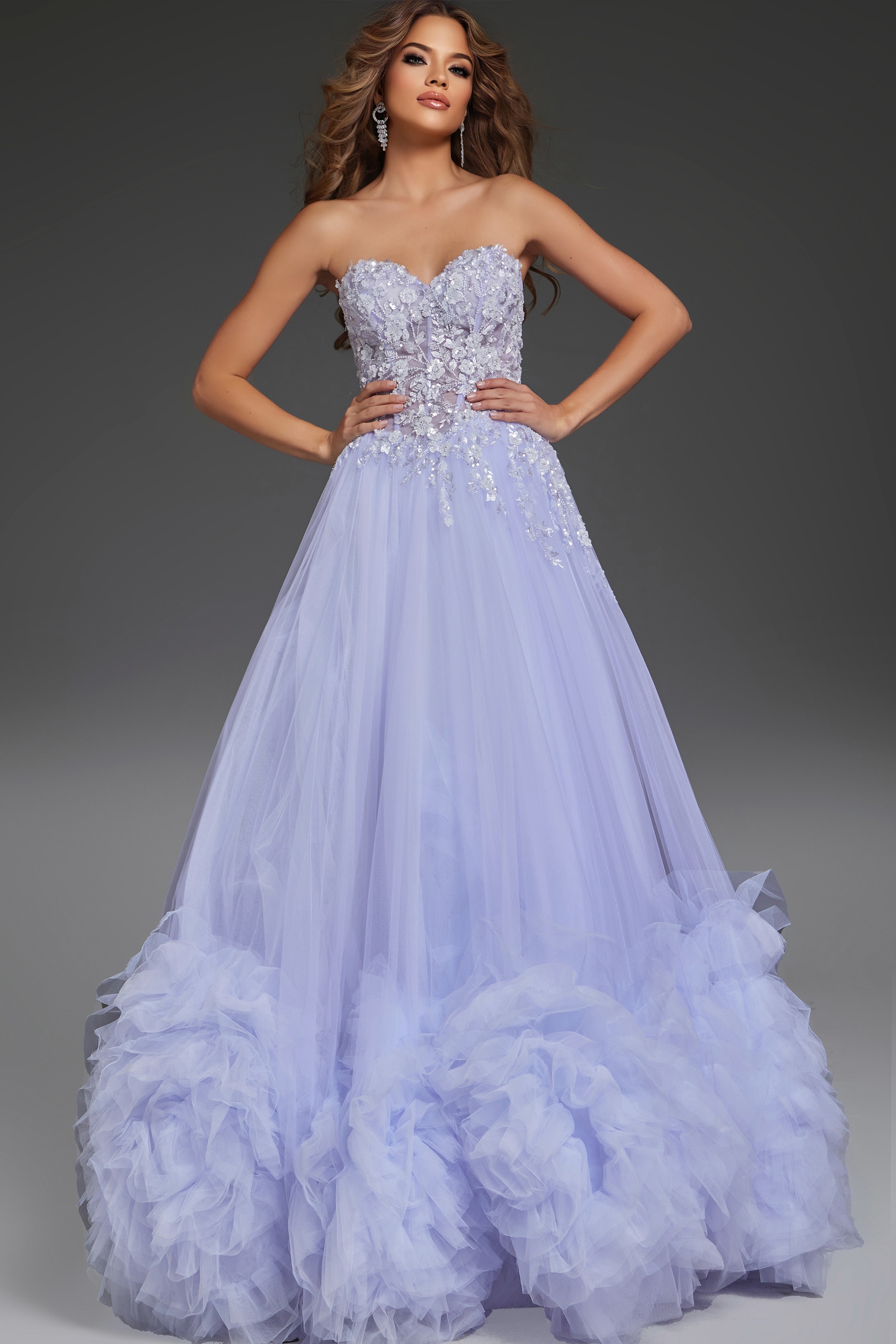 Model wearing Jovani 40170 blue ballgown, full front view with detailed floral accents.