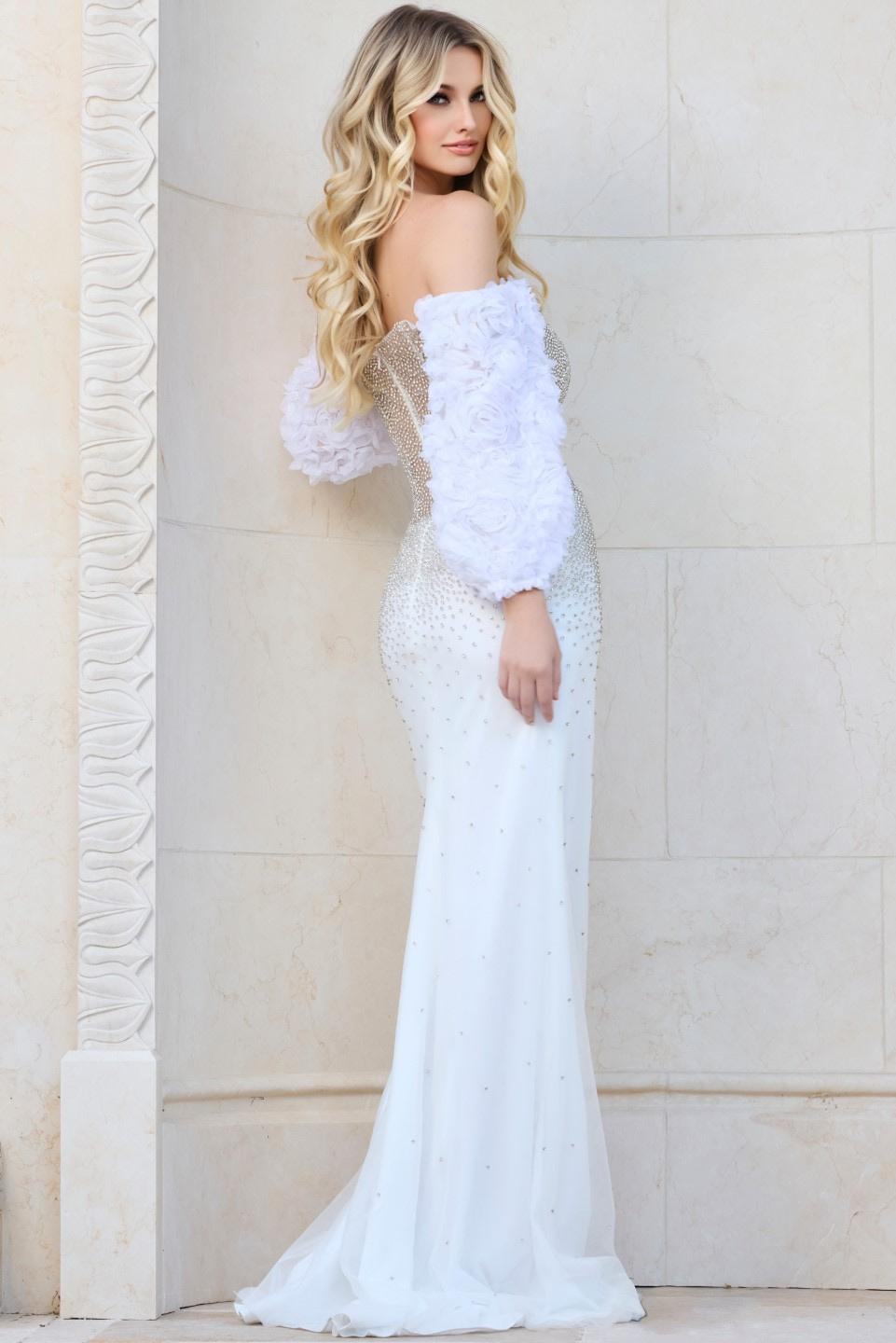 Back view of Jovani 40179 white dress with elegant detailing
