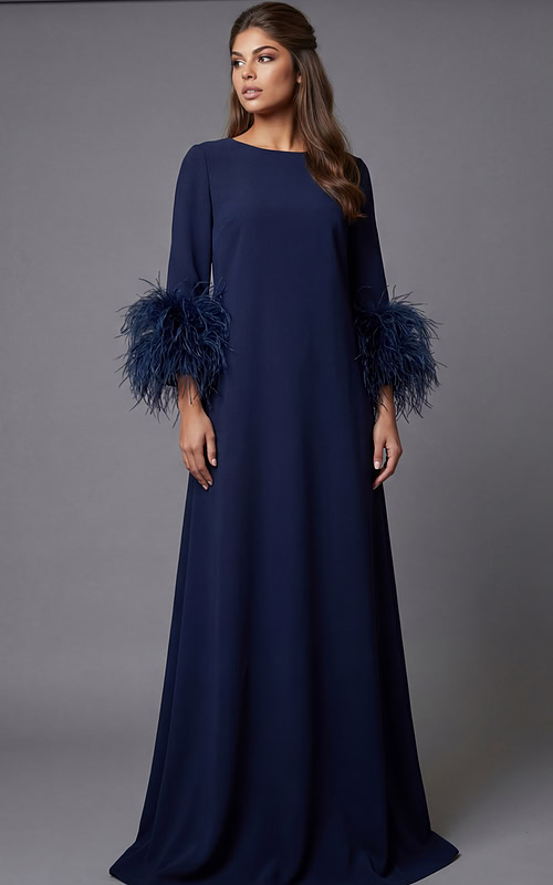 Floor-length navy gown with feather-trim sleeves and clean back silhouette