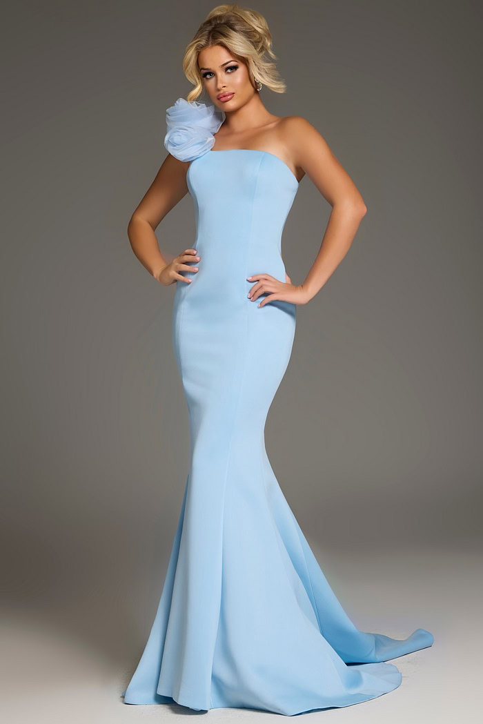 Model wearing Jovani 40201 blue mermaid dress with floral shoulder embellishment, front view.