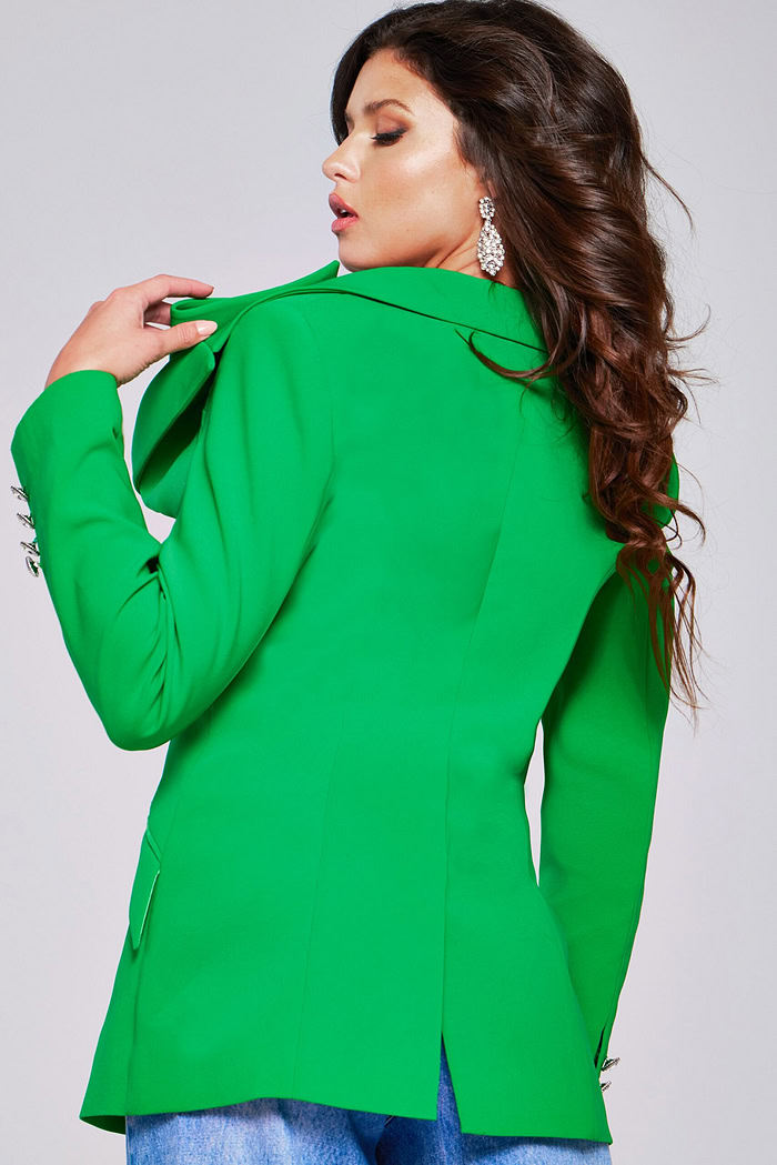 Model wearing Jovani 40283 green blazer with sculptural shoulder bow, back view