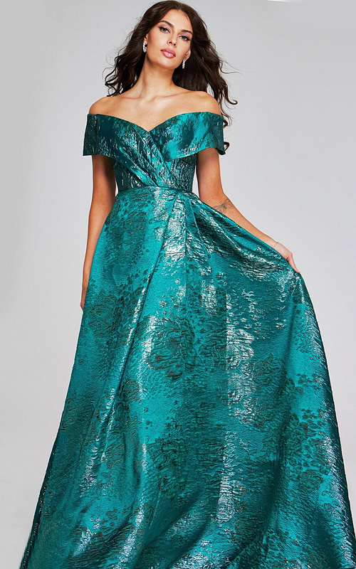 Model wearing Jovani 40296 green dress, off-the-shoulder, front view.